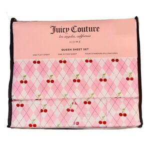 Juicy Couture Home Pink Argyle Cherry Print QUEEN 6 Piece Sheet Bedding Set